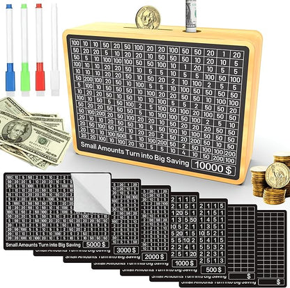 Piggy Bank for Adults Kids, Wooden Coin Bank for Boys and Girls, Cash Vault Money Saving Box with Counter $10000 $5000 $3000 $1000 Savings Challenge Money Box with Money Target and Numbers (Wood Box)