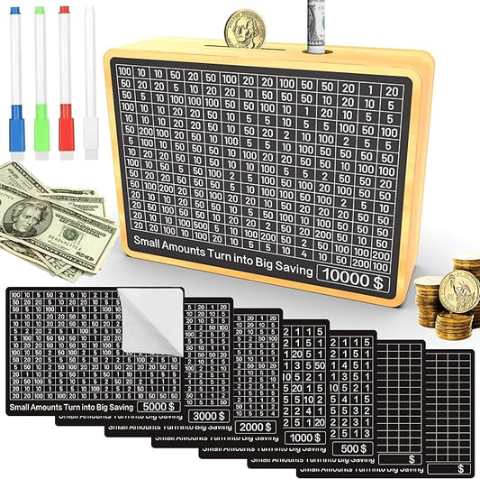 Piggy Bank for Adults Kids, Wooden Coin Bank for Boys and Girls, Cash Vault Money Saving Box with Counter $10000 $5000 $3000 $1000 Savings Challenge Money Box with Money Target and Numbers (Wood Box)