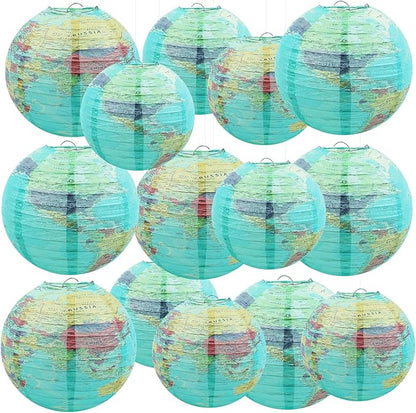 14Pcs World Map Paper Lanterns Classroom Decorations 10 in and 8 in Classroom Hanging Ceiling Decor Earth Globe Lantern Fans for Back to School Around Travel Earth Theme Party Decor Supplies