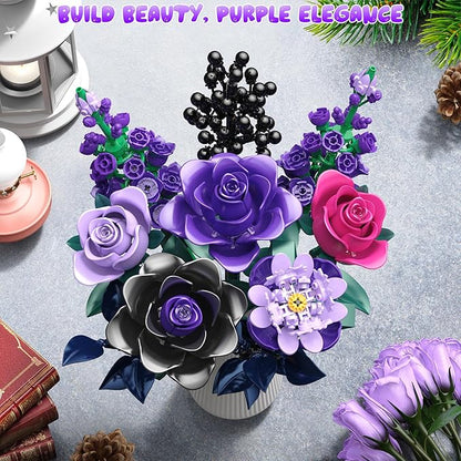 Purple Rose Building Blocks Set for Kids, 701PCS Flower Bouquet Toy, DIY Artificial Plant Gift for Girls, Women, Valentine's Day, Birthday, Mother's Day, Halloween Home Decor