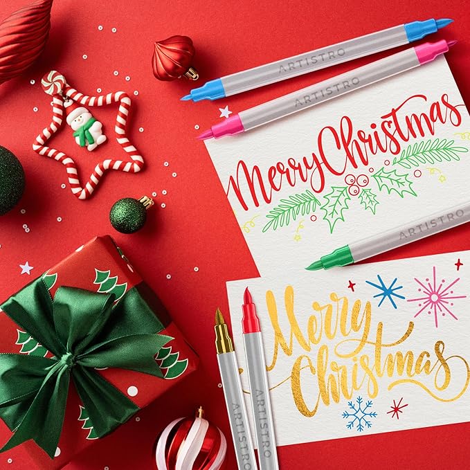 ARTISTRO 36 Dual Tip Brush + Fine Acrylic Paint Pens Ideal for Calligraphy - Paint Markers for Fabric, Rock, Glass, DIY - Stocking Stuffers, Christmas Gift Idea for Teens, Grandkids, Kids