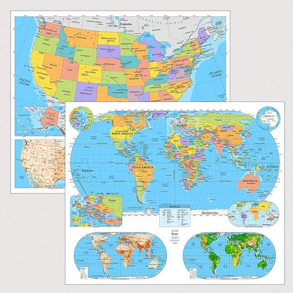 US & World Primary Laminated Classroom Map Pack by BrightWay Educational | 36" x 30" Educational Wall Maps | Grades 1-5 | Bright Colors & Large Fonts | Geographical Features | National Capitals & Major Cities (With Educational Panels)