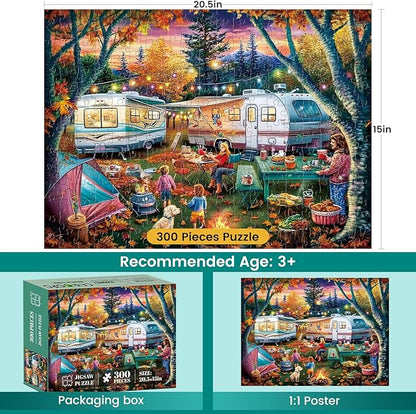 300 Piece Puzzle for Adults,Fall RV Camping Puzzle for Kids Adult Seniors,Fun Outdoor Bonfire Party Jigsaw Puzzle for Kids Ages 8-10 10-12,Challenging Family Game Gift for Friends Men Women,20.5*15 In