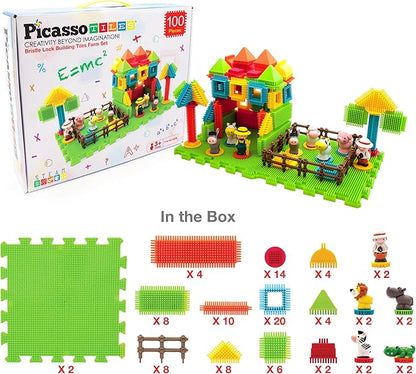 PicassoTiles PTB100 100pcs Hedgehog Shape 3D Building Blocks Tiles Farm Theme Set Learning Playset STEM Toy Set Educational Kit Child Branin Development Preschool Kindergarten Toy
