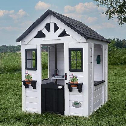 Backyard Discovery Sweetwater White Cedar Wooden Kids Playhouse Cottage with Play Kitchen, Snack Bar, Half Door, Toy Phone, Windows, Flowerpot Holders, Working Doorbell for Outdoor Imaginative Play
