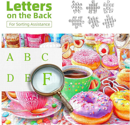 500 Pieces Puzzles for Adults Colorful Donuts Coffee Jigsaw Puzzle Letter on Back No Dust Difficult Unique Family Challenging Food Puzzles Gift Toy for Adults Seniors Perfect for Game Nights （23"x15"）