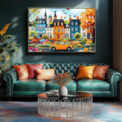 Colorful City Street Jigsaw Puzzles for Adults 500 Pieces Spring Vintage Car and Flower Garden Scene Puzzle Family Challenging Funny Puzzle Perfect for Game Nights(21"x15")