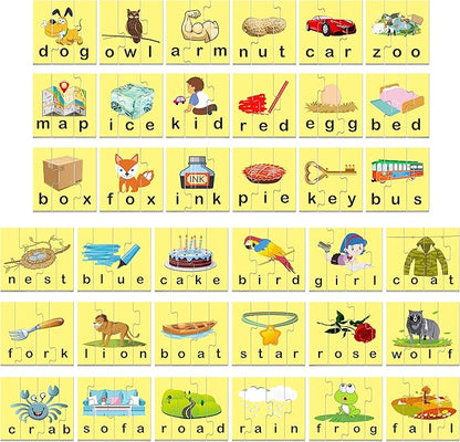 72 Word Spelling Puzzles with Error-Correction Mechanism in 3 and 4 Pieces, Perfect for Preschool Learning (36 Blocks Double Sided)