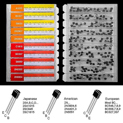 EEEEE 10 Kinds 250pcs Assorted Type TO92 Transistors PNP NPN Bipolar Power Transistor Assortment Kit with A1015 BC327 S8550 2N2907 2N3906 C1815 BC337 S8050 2N2222 2N3904 (250pcs 10 Models)