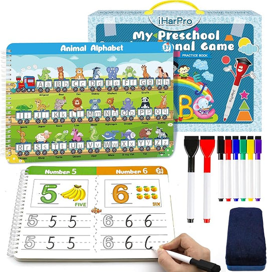 Handwriting Practice - Tracing Books for Kids Ages 3-5, Montessori Preschool Learning Activity, Autism Educational Learn Number Letters Shapes Animal & Sight Words Workbook with 8 Dry Erase Markers