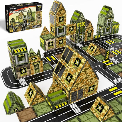 GobiDex Magnetic Tiles Army Toys, STEM Military Magnetic Building Blocks for Toddler Kids Ages 3-5 4-8, Sensory Magnet Construction Toys Birthday Gifts for 3+ Year Old Boys & Girls Army Men Playset