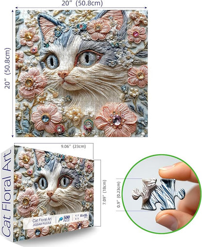 500 Piece Puzzles for Adults | Cats & Flowers Crystal Diamond Art Design | Challenging Jigsaw Puzzle | 20x20 Inches | Unique Gift, Stress Relief & Family Game Night