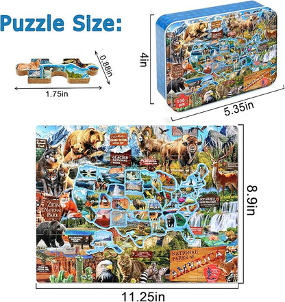 LELEMON Puzzles for Kids Ages 4-6,National Parks Map 100 Piece Puzzles for Kids Ages 4-8 in a Metal Box,Educational Jigsaw Puzzles 100 Piece Puzzle Games Puzzle Toys for Girls and Boys