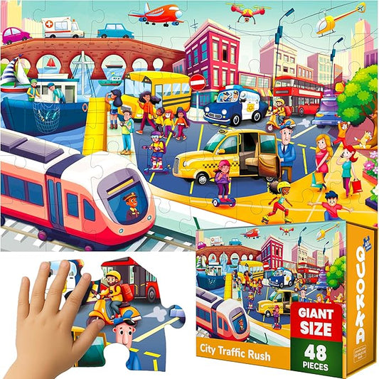 QUOKKA Giant Floor Puzzle for Kids Ages 4-6 – 2x3 Feet Extra-Thick 48 Pieces Toddler Puzzle Ages 3-5 – City Cars Educational Activity for Boys Girls – Premium Box with Sturdy Handle & Magnetic Closure