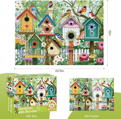 500 Piece Puzzle for Adults, Colorful Birdhouses 500 Piece Puzzle, Vibrant Birds in Blooming Flowers Jigsaw Puzzle, Perfect for Family Game Night, Home Wall Decor, Great Gift for Adults, Kids, Seniors