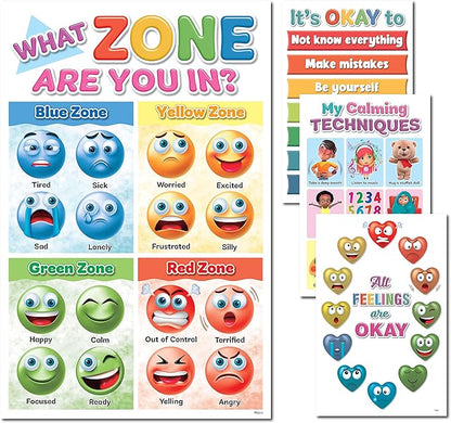 DeeDee's Workshop 4 Feelings Chart For Kids, Zones of Regulation Poster, Emotions Poster, Emotion Chart for Kids, Emotional Regulation, Set of 4 (11 x 17 inches)