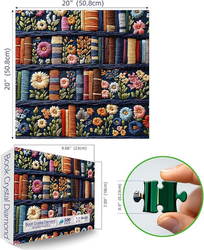 Floral Bookshelf Puzzles for Adults 500 Pieces Wildflower Books Pages Jigsaw Puzzles Vintage Unique Plant Mbroidery Art Puzzle Difficult Unique Family Challenging Games for Seniors Adults (20"x20")
