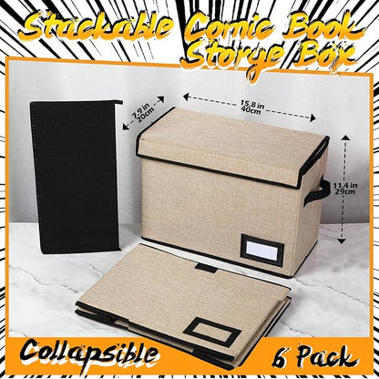 Chuangdi 6 Pcs Comic Book Storage Boxes, Back to School Collapsible Comic Short Box Case with Lid, 15.8 x 7.9 x 11.4 Inch Book Bin Container Holds 150 Comics(Beige)