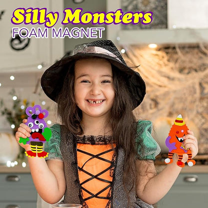 4E's Novelty Halloween Crafts for Kids (24 Pack) Bulk Silly Monster Crafts with Magnetic Foam Stickers, Make Your Own Monster Kit for Fall Halloween Classroom Party Activities