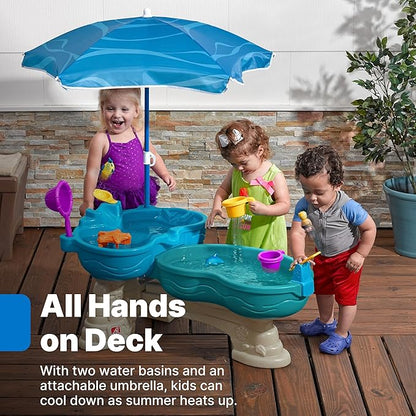 Step2 Spill & Splash Seaway Water Table, Kids Two-Tier Water and Sand Activity Sensory Playset, Comes with Umbrella, Summer Outdoor Toys, 11 Piece Toy Accessories, For Toddles 1.5+ Years Old