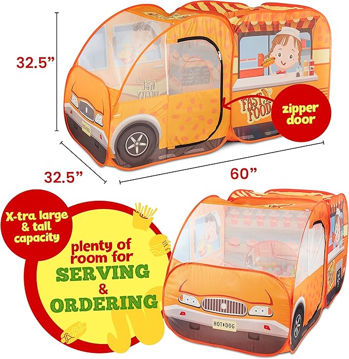 Kiddzery Food Truck Play Tent - 54 Pc. Food Set Pop Up Playhouse - Pretend Play Toys for Toddlers - Ball Pit Playset - Indoor & Outdoor Toy Tents for Kids - Trucks for Boys & Girls