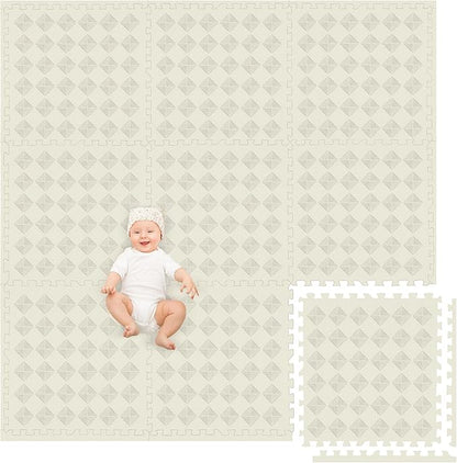 Play Platoon Large Kids Mats for Floors, 9 Tile 72 x 72 inch, Extra-Thick Interlocking Tiles, 24 x 24 in. Puzzle Mat Pieces with Border, Non-Toxic, Neutral Playmat Rug for Toddlers & Children