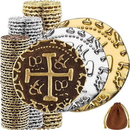 Large Pirate Coins - 102 Bronze, Silver & Gold Treasure Coin Set - Metal Replica Spanish Doubloons for for Pirate Party Decorations & Favors, Tokens, Cosplay - Pirate Treasure Chest - M, L, XL Sizes