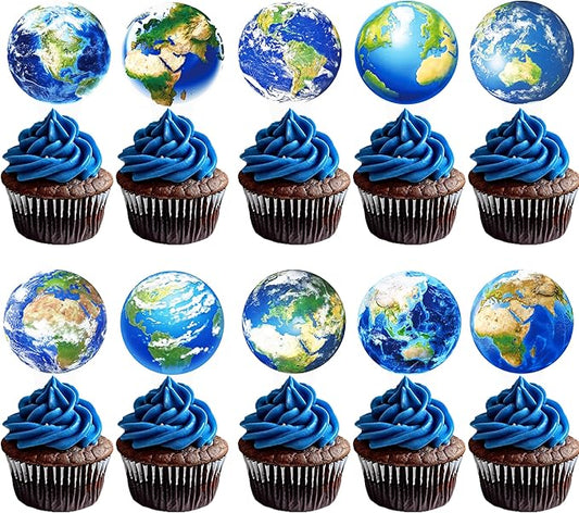 48pcs Earth Globe Cupcake Toppers Earth Day Party Decorations Globe World Map Theme Cake Cupcake Picks for Travel Around The World Birthday Party Earth Day Baby Shower Supplies