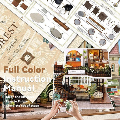Flever Dollhouse Miniature DIY House Kit Creative Room with Furniture for Romantic Artwork Gift (Forest Teashop)