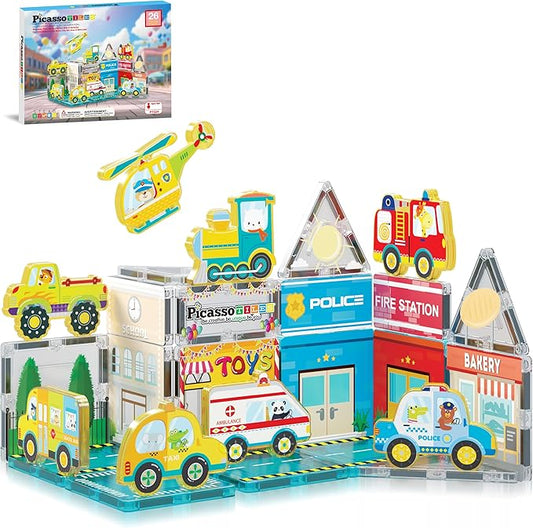PicassoTiles Magnet Tile Building Blocks Metro City Themed Playset with 8 Character Action Figures Magnetic Tiles STEM Learning Early Education Toy Construction Set Toddlers Boys Girls Ages 3+ PTQ24