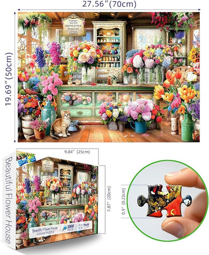 1000 Piece Jigsaw Puzzle for Adults - Colorful Flower Shop Scene with Cat, Premium Quality Cardboard Puzzles for Adults & Family, Challenging Adult Puzzle Games, 27x20 Inches Finished Size