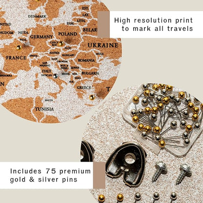 Push Pin World Travel Map – 30" x 20" Framed Cork Board Wall Art, Large Push Pin Map for Tracking Adventures, Unique Gift for Travelers, Couples, and Families
