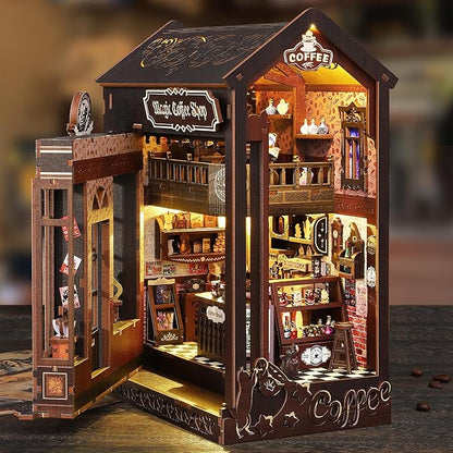 ISSEVE Book Nook Kit - DIY Miniature Dollhouse Booknook for Adults Teen, 3D Wooden Puzzle Tiny House Kit Bookshelf Decor, Gifts for Men Women Halloween Christmas Birthday (Coffee Shop)