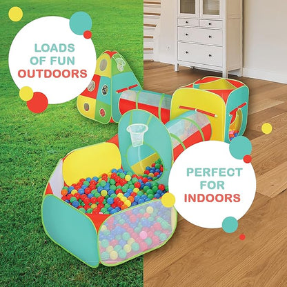 5pc Kids Play Tent for Toddlers with Ball Pit, Crawl Tunnel, Indoor & Outdoor Playhouse, Jungle Gym, Toys for Boys & Girls, Includes Dart Balls, Teepee & Basketball Hoops