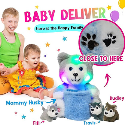 Hopearl LED Plush Husky with Removable Bucket Lighting Up Stuffed Mommy Dog with 3 Baby Puppies in Basket Floppy Stuffed Animal Playset Night Lights Glow in The Dark Birthday Gifts for Kids, 10''