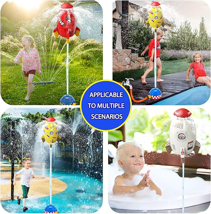 Water Rocket Sprinkler for Kids, Outdoor Sprinkler Rocket Launcher Toy for Backyard, Summer Water Toys for Kids Ages 3-12, Fun Water Powered Rocket Toy (Red-3)