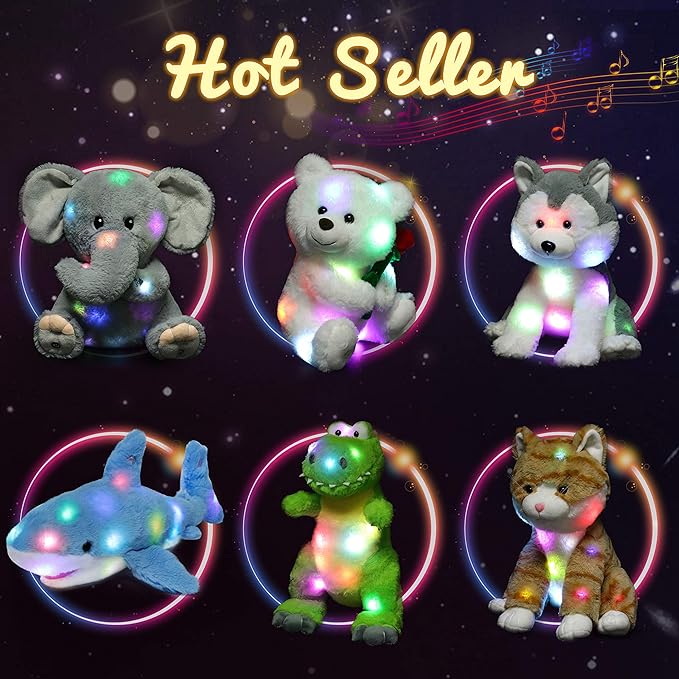 Hopearl LED Musical Stuffed Husky Lighting Up Singing Plush Dog Adjustable Volume Lullaby Animated Soothe Birthday Festival for Kids Toddler Girls, Gray, 12''