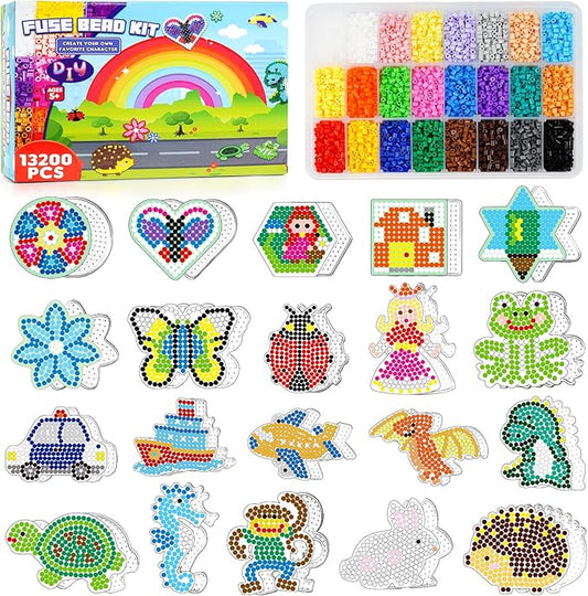 FUNZBO 13200 5mm Fuse Beads Kit - Fuse Beads Set with 20 pcs Special Shaped Pegboards, Home School Arts and Crafts Supplies for Kids, Gifts for Girls and Boys Age 5+ Years Old