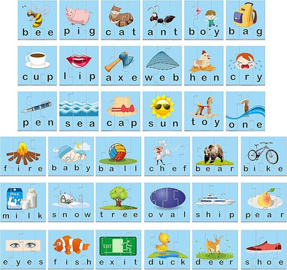 72 Word Spelling Puzzles with Error-Correction Mechanism in 3 and 4 Pieces, Perfect for Preschool Learning (36 Blocks Double Sided)