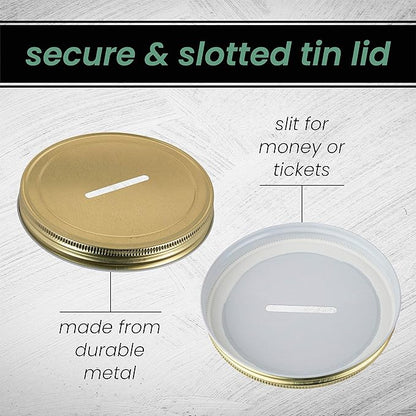 Mason Large Coin Bank with Slotted Gold Lid - Holds Up to $3,000 in Quarters - 1 Gallon Glass Money Jar for Piggy Bank, Tips, Raffle Tickets & Donations - Made in USA