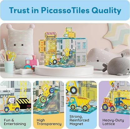 PicassoTiles Magnet Tiles Magnetic Building Blocks with 8 Construction Vehicles Crank Truck Excavator Bulldozer Road Roller Concrete Mixer Tractor Dump Truck Forklift Toys Learning Kids Ages 3+ PTQ11
