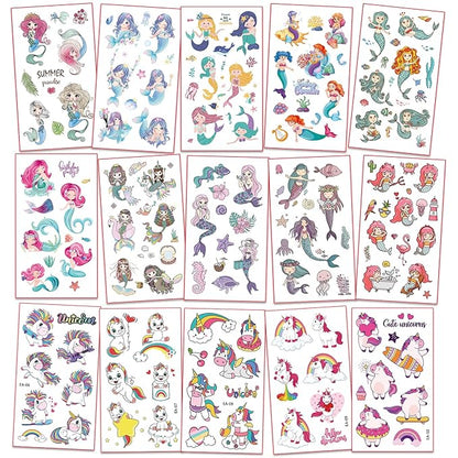 Waterproof Temporary Tattoos For Kids - 260 Pieces | Unicorns & Mermaids | Temporary Tattoo Sheets for Girls | Party Favor for Goody Bags | Non-toxic、Skin-Safe*、Cosmetic-Grade