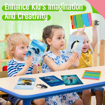 12 PCS Plastic Marine Animal Figurines with 12 Introduction Flashcards, Ocean Animals Learning Recognition Cards Realistic Undersea Animal Figures Educational Learning Toy Set for Kids, Classroom