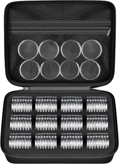 96 Pieces 46mm Coin Capsules, with Foam Gasket and Plastic Storage Organizer Box, 6 Sizes (20/25/27/30/38/46mm) Coins Collector Case Holder for Coin Collection Supplies(Black)