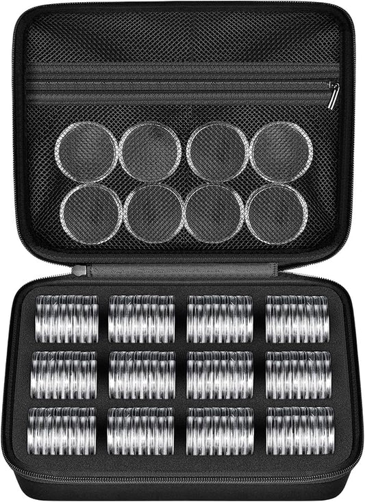96 Pieces 46mm Coin Capsules, with Foam Gasket and Plastic Storage Organizer Box, 6 Sizes (20/25/27/30/38/46mm) Coins Collector Case Holder for Coin Collection Supplies(Black)