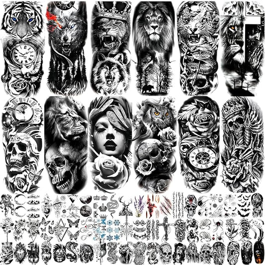 82 Sheets Temporary Tattoo for Men Women Adults, Include 12 Sheets Black 3D Half Sleeve Temporary Tattoos, Halloween Tattoos Scary Lion Wolf Tiger Skull Skeleton Tattoos Stickers
