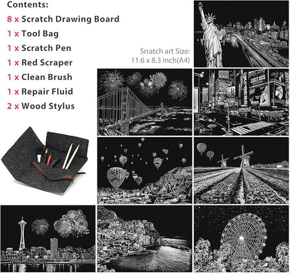 M MUGIT Scratch Art for Adults Kids, Rainbow Painting Night View Scratchboard(A4), Crafts Set: 8 Sheets Scratch Cards with 6 Tools in Bag - New York, Statue of Liberty, Cinque Terre(America/Europe)