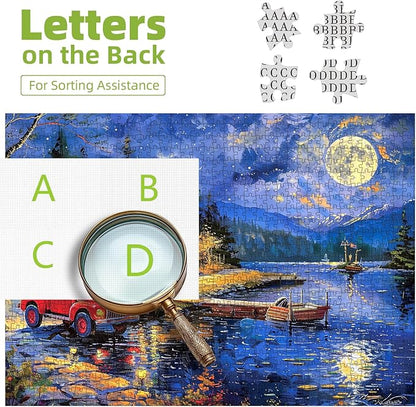 Lake House Night Landscape Jigsaw Puzzles for Adults 1000 Piece Village Puzzle for Adults with Letters on Back Challenging Family Puzzle Games Gift for Men Women Seniors Size is （26.75 x 19.75）