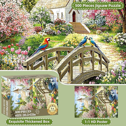 Puzzles for Adults 500 Pieces,Charming Lakeside Church Puzzle for Adults,Beautiful Flower & Parrot Jigsaw Puzzles for Kids Seniors Teens,Puzzles for Family Game Nights & Holiday Party Gifts,20.5x15 In