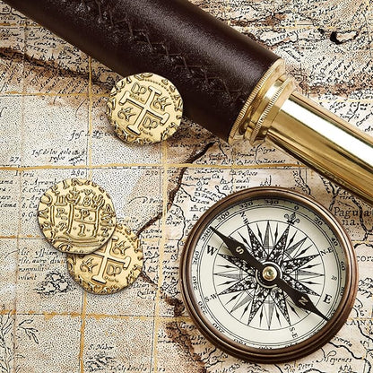 Large Metal Pirate Coins - 35 Gold Treasure Coin Set, Metal Replica Spanish Doubloons for Pirate Party Decorations & Favors, Tokens, Toys, Cosplay - Pirate Treasure Chest, Size 1.18"